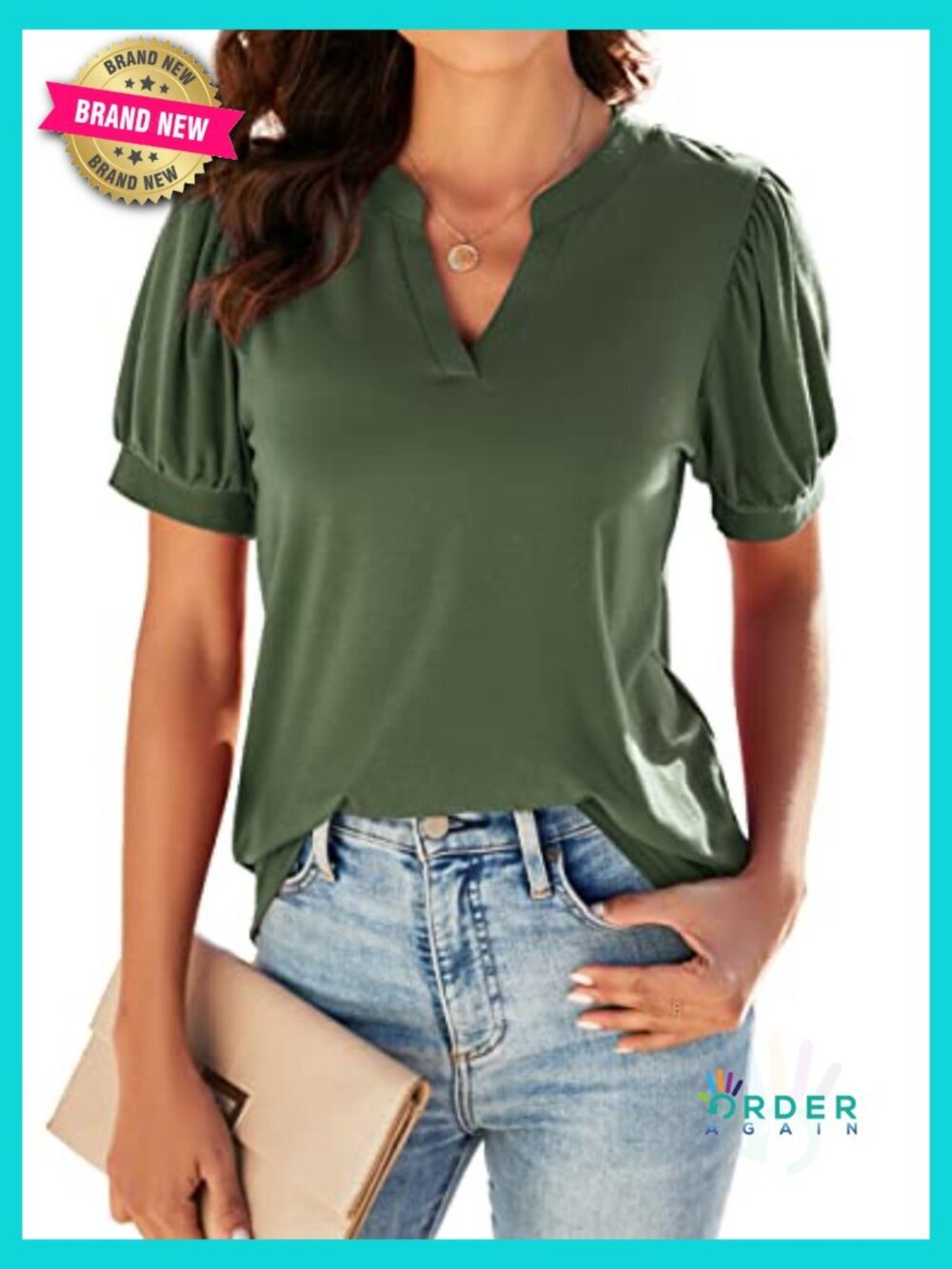 Olive Green V-Neck Puff Short Sleeve Blouse Tunic Dressy Casual Tops Soft - Picture 2 of 7